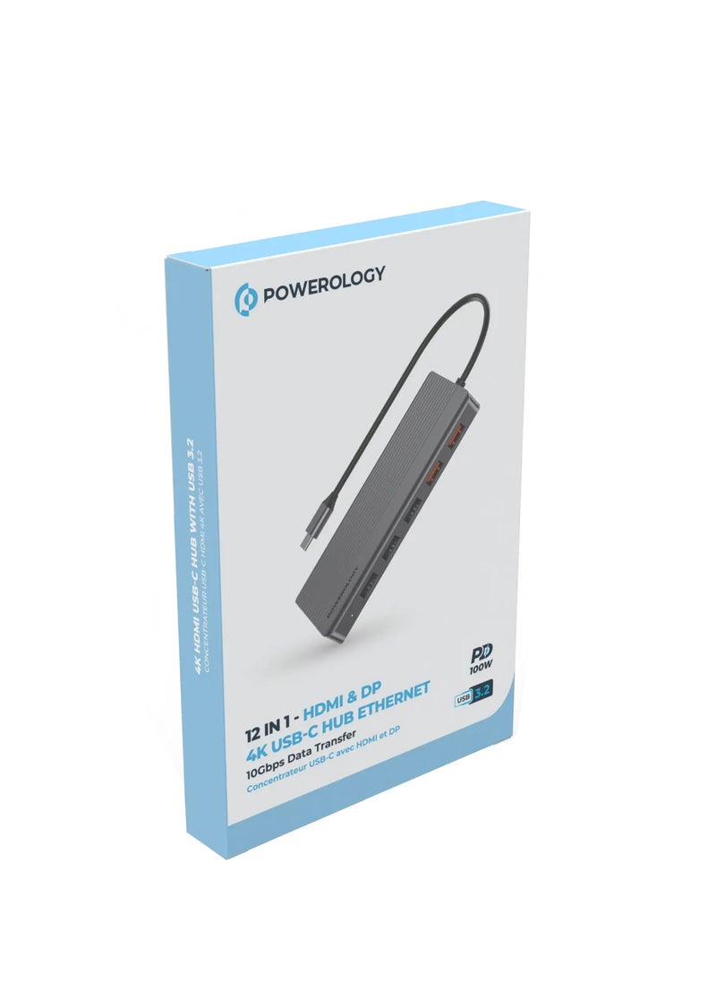 Powerology - 12in1 USB-C Hub HDMI Type-C 100W PD Ethernet VGA USB SD MicroSD 3.5AUX - Dark Gray - Image 1