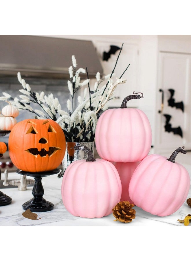Artmag 6 Inch Large Artificial Pumpkins, 4PCS Big Pink Pumpkins Faux Foam Harvest Pumpkins for Fall Autumn Thanksgiving Seasonal Holiday Decor Decorations (Pink) - Image 3