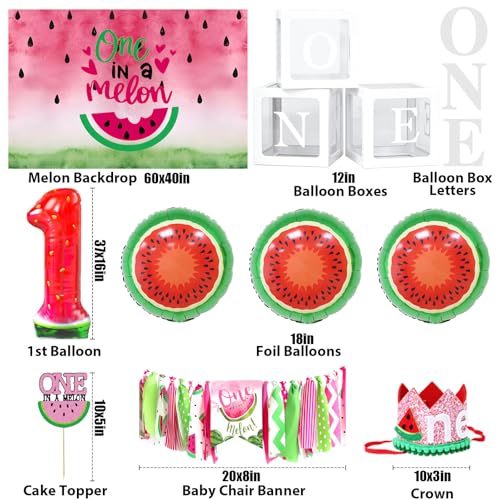 SNLN One In A Melon Party Decorations Watermelon 1st Birthday Decorations Girl ONE Balloon Boxes Backdrop Watermelon Balloon Arch Chair Banner Crown Cake Topper Foil Balloon First Birthday Decor - Image 5