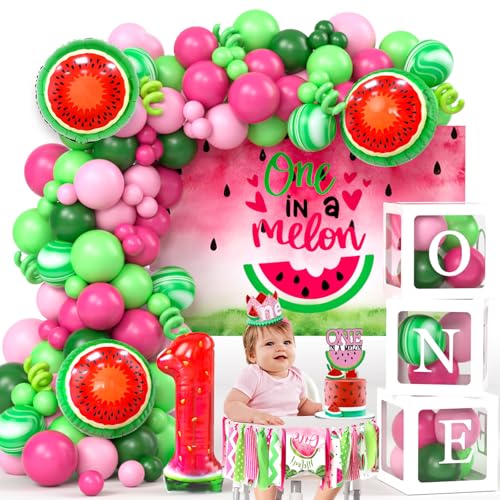 SNLN One In A Melon Party Decorations Watermelon 1st Birthday Decorations Girl ONE Balloon Boxes Backdrop Watermelon Balloon Arch Chair Banner Crown Cake Topper Foil Balloon First Birthday Decor - Image 1