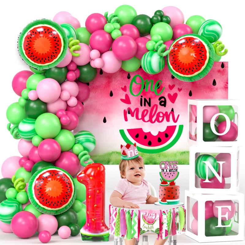 SNLN One In A Melon Party Decorations Watermelon 1st Birthday Decorations Girl ONE Balloon Boxes Backdrop Watermelon Balloon Arch Chair Banner Crown Cake Topper Foil Balloon First Birthday Decor - Image 3