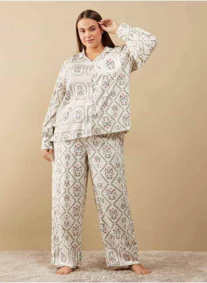 سبلاش فيڤ All-Over Floral Print Long Sleeves Shirt and Pyjama Set
