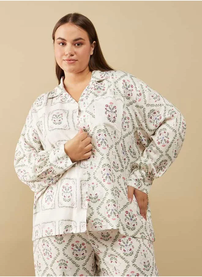 سبلاش فيڤ All-Over Floral Print Long Sleeves Shirt and Pyjama Set