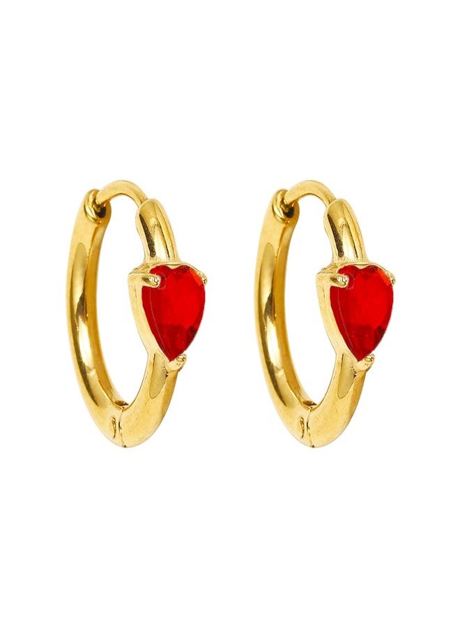OIDIMS Tiny Heart Huggie Earrings Cubic Zirconia Hoop Sleeper Dainty Small Cartilage Hoops Earrings Gifts for Women Teen Girls Hypoallergenic Stainless Steel Christmas Birthday Wedding Jewelry (Red CZ) - Image 1