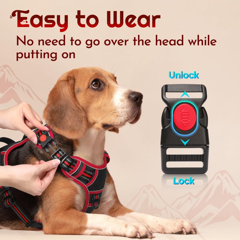 Eagloo Dog Harness for Large Dogs, Easy Wearing with 3 Buckles, Adjustable No Pull Pet Harness with 2 Rings for Walking, No Chock Reflective Soft Padded Vest with Control Handle, Black & Red, L - Image 2