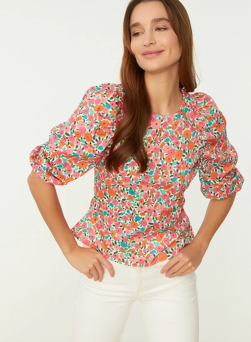 trendyol Balloon Sleeve Floral Print Top