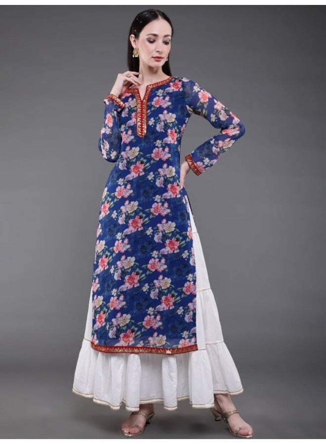AKS Blue Floral Print Kurta With Lace Details - Image 1