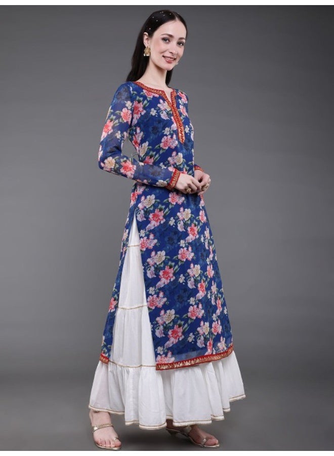 AKS Blue Floral Print Kurta With Lace Details - Image 3