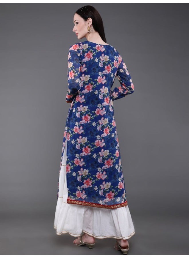 AKS Blue Floral Print Kurta With Lace Details - Image 4
