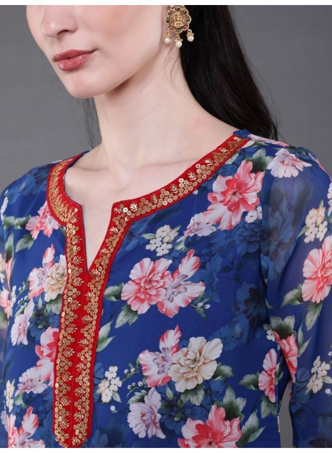 AKS Blue Floral Print Kurta With Lace Details - Image 2