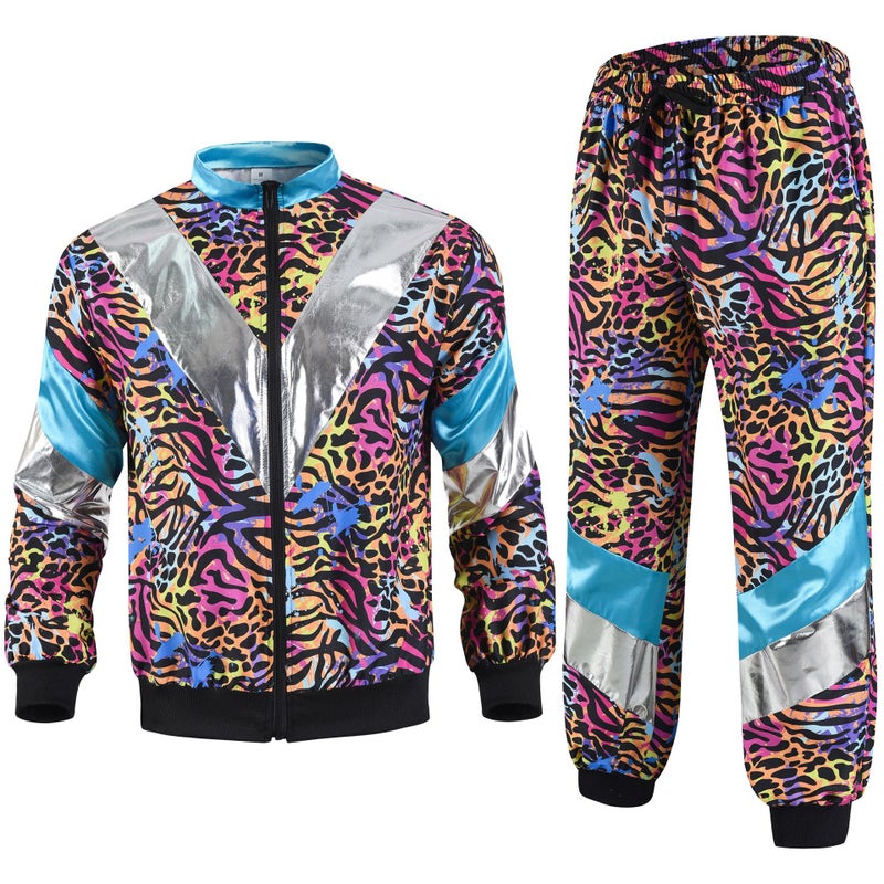 Cross Border 80 s Disco Sportswear Jacket and Pants Jogging Suit Retro Style 80 s Theme Party Blue leopard print sportswear