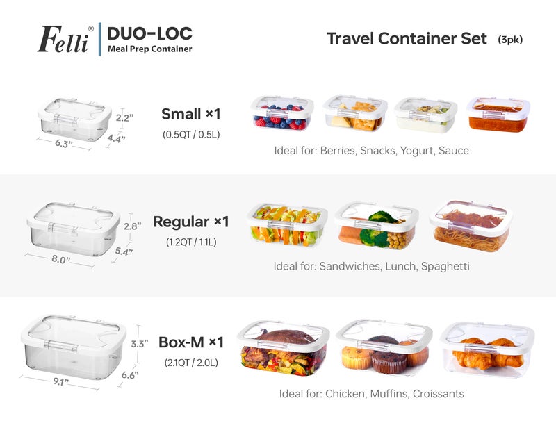 Felli Duo Loc Tritan Meal Prep Containers Microwave Safe BPA FREE, Leak Proof Lunchable Container for Leftovers Kitchen Fridge Freezer, Reusable Plastic On the Go Lunch Travel Box (Beginner 3pk) - Image 3
