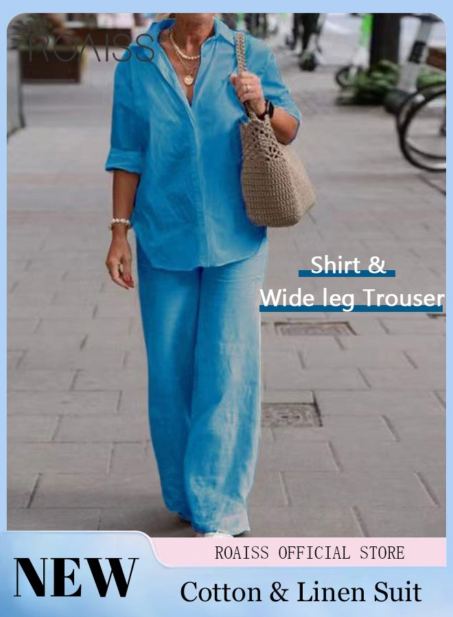 roaiss Ladies Comfortable Cotton Linen 2 Piece Suit for Daily Commute - Shirt and Wide Leg Pants Set with Simple Loose Fit Design for Leisure - Image 3