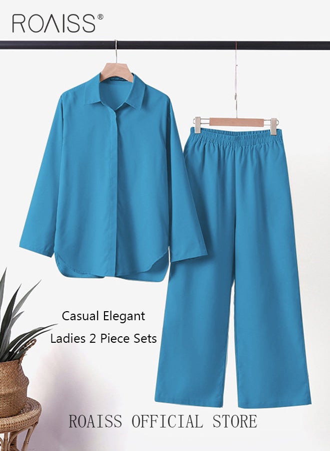 roaiss Ladies Comfortable Cotton Linen 2 Piece Suit for Daily Commute - Shirt and Wide Leg Pants Set with Simple Loose Fit Design for Leisure - Image 1
