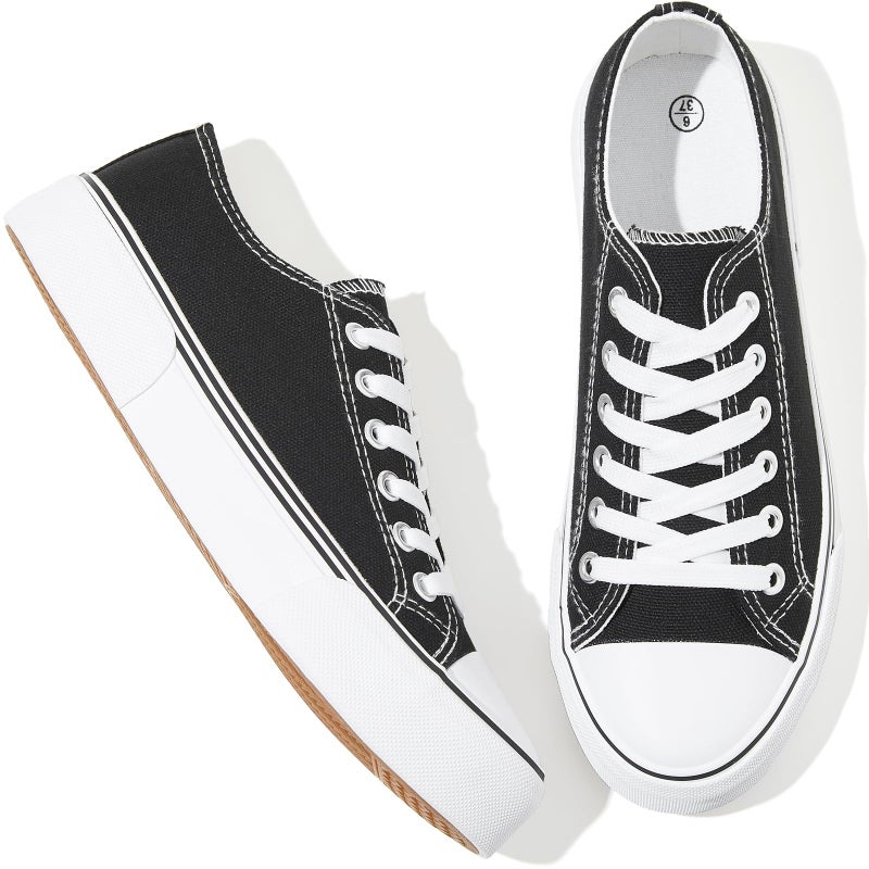 Adokoo Canvas Tennis Shoes for Women Low Top Casual White Black Sneakers for Women Lace Up Fashion Comfortable Walking Shoes (Black,7.5) - Image 1