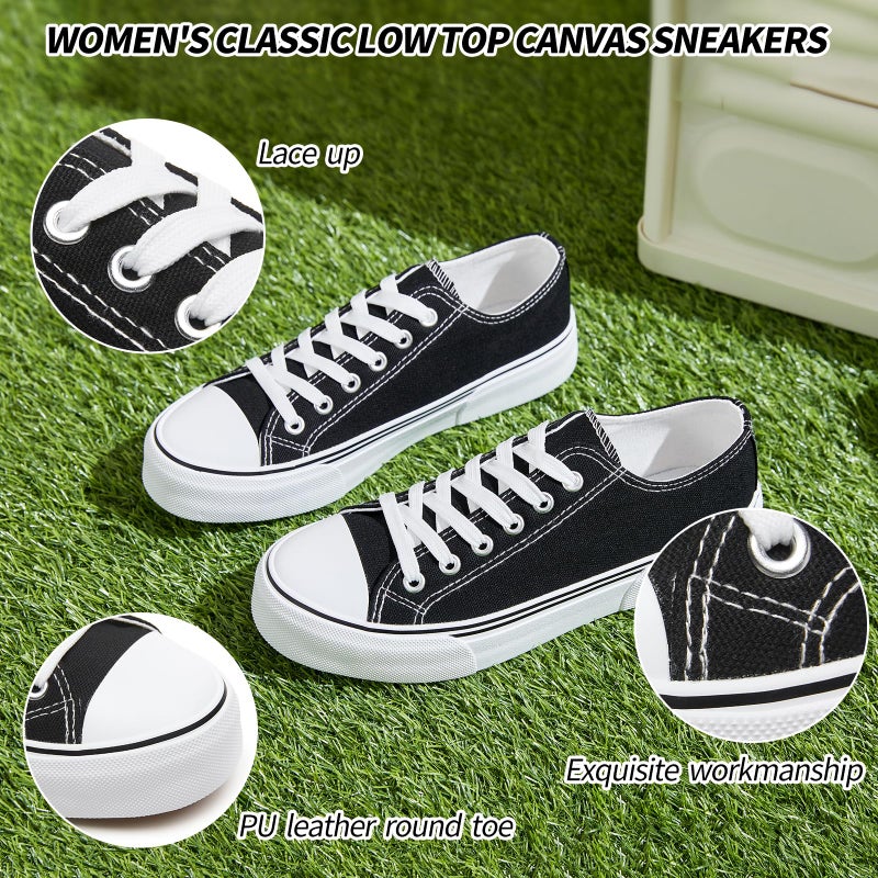 Adokoo Canvas Tennis Shoes for Women Low Top Casual White Black Sneakers for Women Lace Up Fashion Comfortable Walking Shoes (Black,7.5) - Image 4