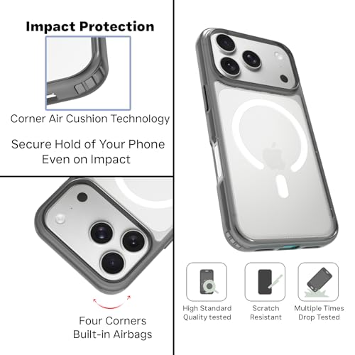 RIGGEAR Shockproof Clear Hybrid Armor Magnetic Back Cover Case Compatible with MagSafe Accessories for iPhone 17 Pro (Clear-Black TPU Bumper + Transparent PC) (White MagRing) - Image 3