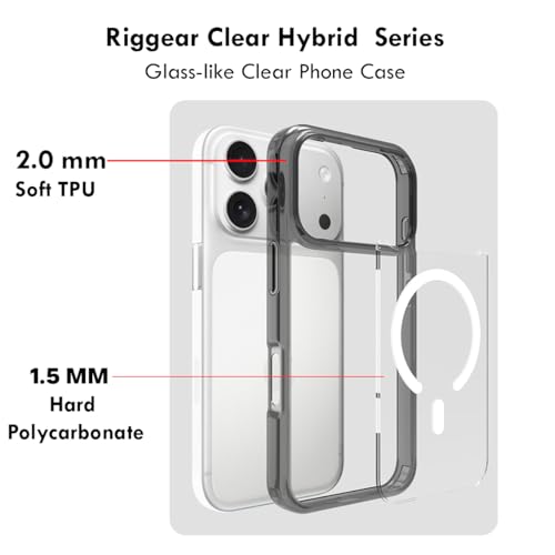 RIGGEAR Shockproof Clear Hybrid Armor Magnetic Back Cover Case Compatible with MagSafe Accessories for iPhone 17 Pro (Clear-Black TPU Bumper + Transparent PC) (White MagRing) - Image 4