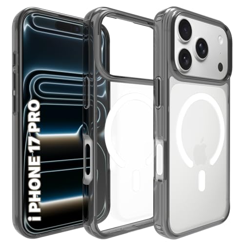 RIGGEAR Shockproof Clear Hybrid Armor Magnetic Back Cover Case Compatible with MagSafe Accessories for iPhone 17 Pro (Clear-Black TPU Bumper + Transparent PC) (White MagRing) - Image 1