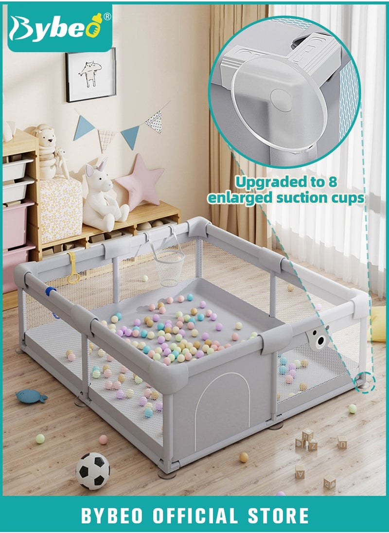 Bybeo Baby Playpen Fence, Portable Babies Playards for Toddlers, Safety Infant Activity Center, Sturdy Play Area, with Storage Bag, 2 Pull Rings, Marine Balls and Basket, Perfect Child's Gift  - Image 1
