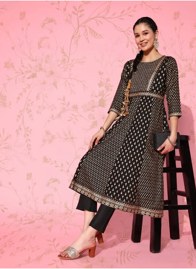 ISHIN Embellished Block Print Anarkali Kurta