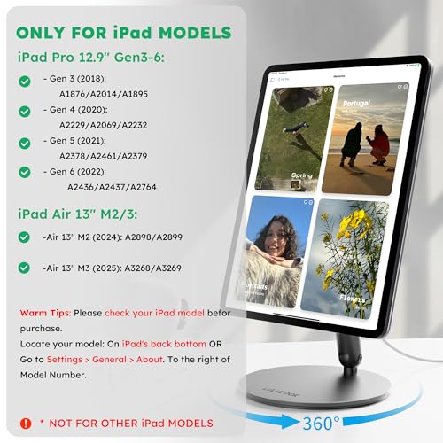 LULULOOK [Upgrade Magnetic Wireless Charging Stand for iPad Pro 12.9 3rd/4th/5th/6th, Foldable Aluminum Alloy Desk Arm Mount with 360° Rotating Base for iPad Air 13" M3 (2025)/M2, Cable Included - Image 2