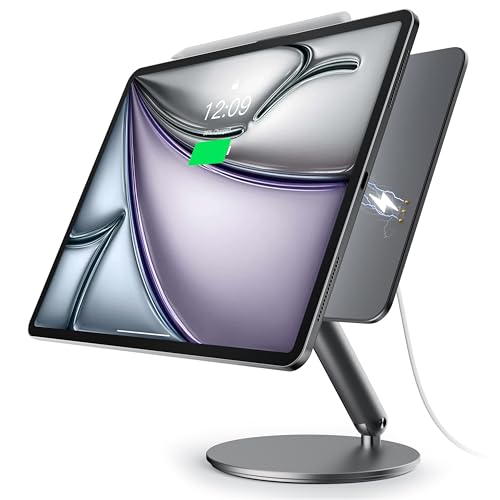 LULULOOK [Upgrade Magnetic Wireless Charging Stand for iPad Pro 12.9 3rd/4th/5th/6th, Foldable Aluminum Alloy Desk Arm Mount with 360° Rotating Base for iPad Air 13" M3 (2025)/M2, Cable Included - Image 1