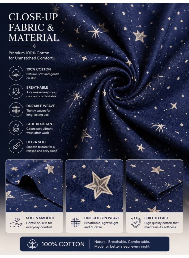 ZEESQUARE Luxury 4-Piece Star Print Cotton Bedsheet Set | Celestial Pattern Bed Linen with 1 Fitted Sheet, 1 Flat Sheet & 2 Pillowcases | 100% Cotton Soft Breathable Bedding Set for King & Single Bed - Image 2
