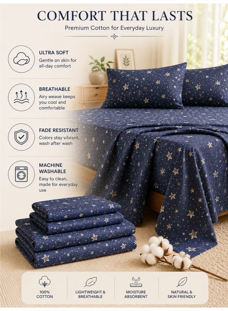ZEESQUARE Luxury 4-Piece Star Print Cotton Bedsheet Set | Celestial Pattern Bed Linen with 1 Fitted Sheet, 1 Flat Sheet & 2 Pillowcases | 100% Cotton Soft Breathable Bedding Set for King & Single Bed - Image 5