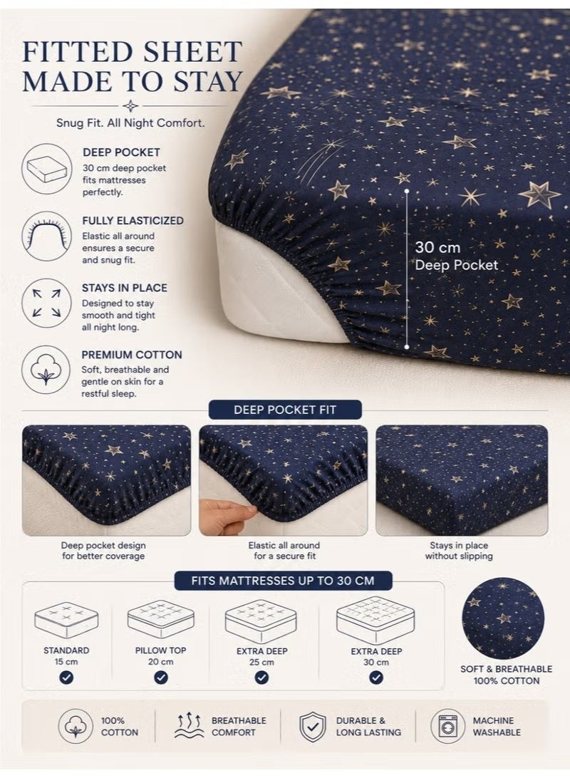 ZEESQUARE Luxury 4-Piece Star Print Cotton Bedsheet Set | Celestial Pattern Bed Linen with 1 Fitted Sheet, 1 Flat Sheet & 2 Pillowcases | 100% Cotton Soft Breathable Bedding Set for King & Single Bed - Image 3