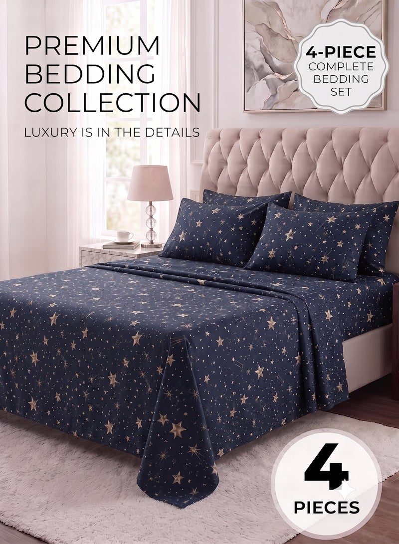 ZEESQUARE Luxury 4-Piece Star Print Cotton Bedsheet Set | Celestial Pattern Bed Linen with 1 Fitted Sheet, 1 Flat Sheet & 2 Pillowcases | 100% Cotton Soft Breathable Bedding Set for King & Single Bed - Image 1