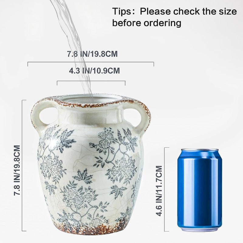 Enra Global production standard crafted Enra Vintage vase with Handle,Blue and White Ceramic Decorative Flower vase, Chinoiserie Floral Vase,Large Rustic Vases for Home Decors, Living Room, Bookshelf, Office,7.8 in Gulf climate tested upgraded quality - Image 2