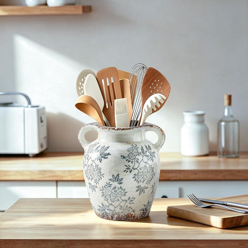 Enra Global production standard crafted Enra Vintage vase with Handle,Blue and White Ceramic Decorative Flower vase, Chinoiserie Floral Vase,Large Rustic Vases for Home Decors, Living Room, Bookshelf, Office,7.8 in Gulf climate tested upgraded quality - Image 5