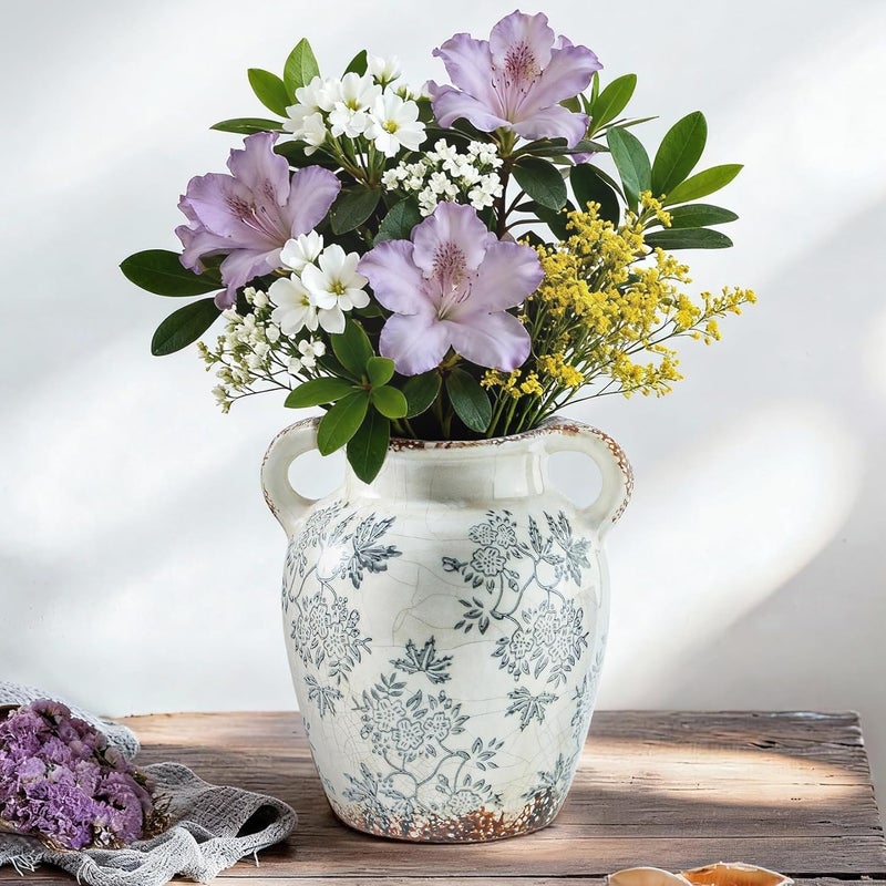 Enra Global production standard crafted Enra Vintage vase with Handle,Blue and White Ceramic Decorative Flower vase, Chinoiserie Floral Vase,Large Rustic Vases for Home Decors, Living Room, Bookshelf, Office,7.8 in Gulf climate tested upgraded quality - Image 1