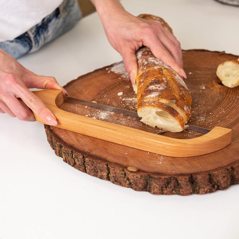 TYOARO Wooden Bread Bow Knife, Cherry (16") - Serrated Sourdough Cutter for Homemade Bagels, Baguettes and More - Right-Handed, Cuts Thin, Even Slices - Premium Stainless Steel - Image 3