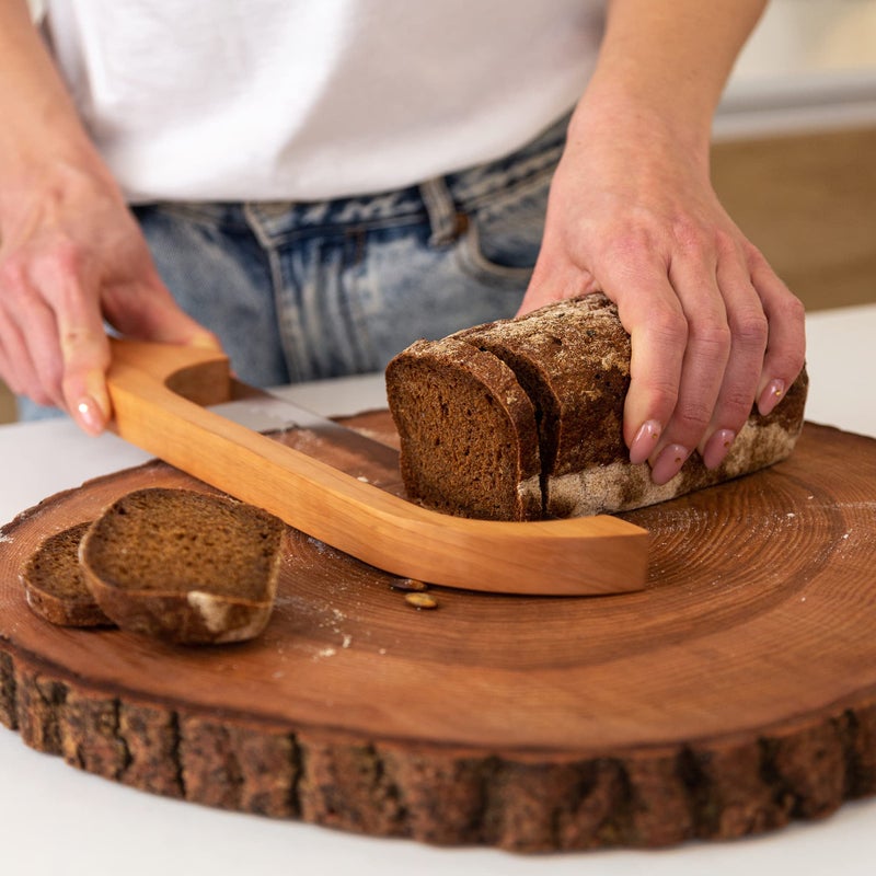 TYOARO Wooden Bread Bow Knife, Cherry (16") - Serrated Sourdough Cutter for Homemade Bagels, Baguettes and More - Right-Handed, Cuts Thin, Even Slices - Premium Stainless Steel - Image 2