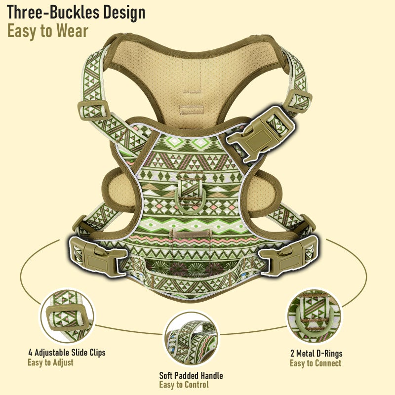 AUNZO No Pull Dog Harness for Large Dogs with 2 Metal Clips, Easy On/Off with Neck Buckle, Heavy Duty Adjustable Puppy Vest, Breathable Pet Harness with Easy Control Handle, Green Ethnic L - Image 3