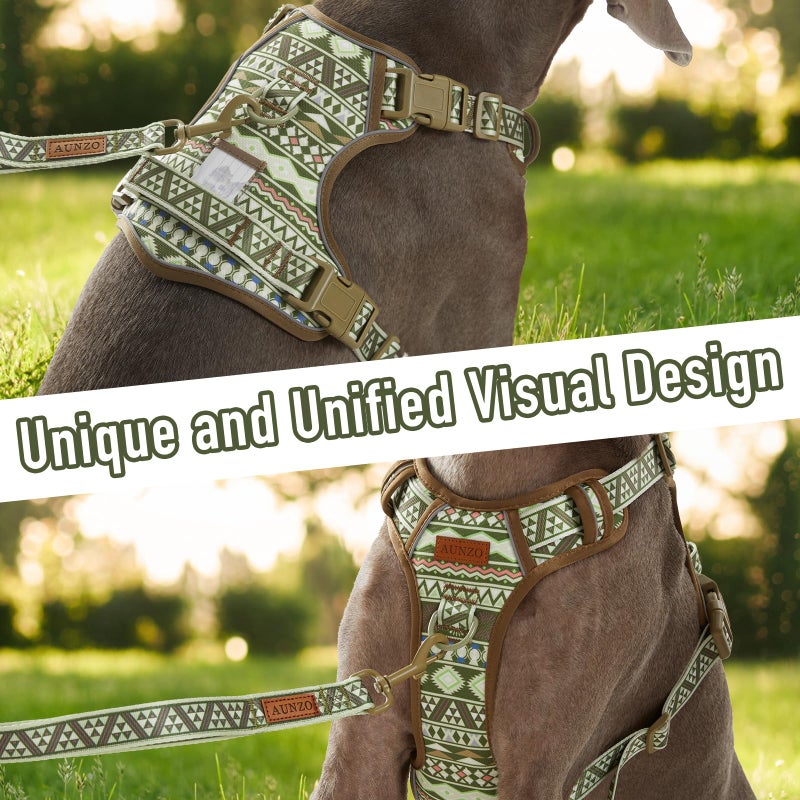 AUNZO No Pull Dog Harness for Large Dogs with 2 Metal Clips, Easy On/Off with Neck Buckle, Heavy Duty Adjustable Puppy Vest, Breathable Pet Harness with Easy Control Handle, Green Ethnic L - Image 2
