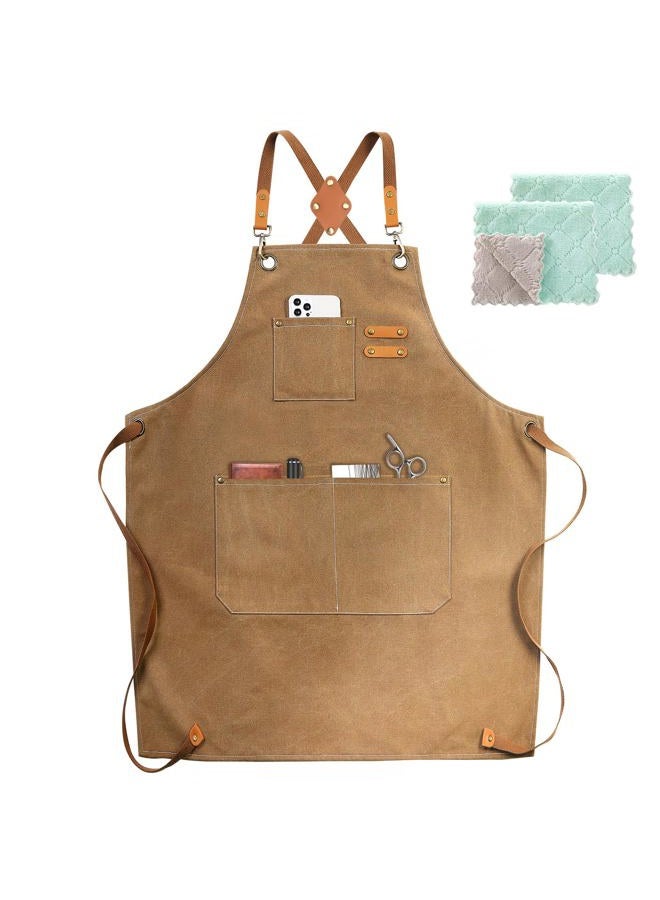 ZOMAO Chef Apron, Cotton Canvas Cross Back Apron with Pockets for Women and Men,Adjustable Strap and Large Pockets Apron,Kitchen Cooking Baking Bib Apron - Image 1