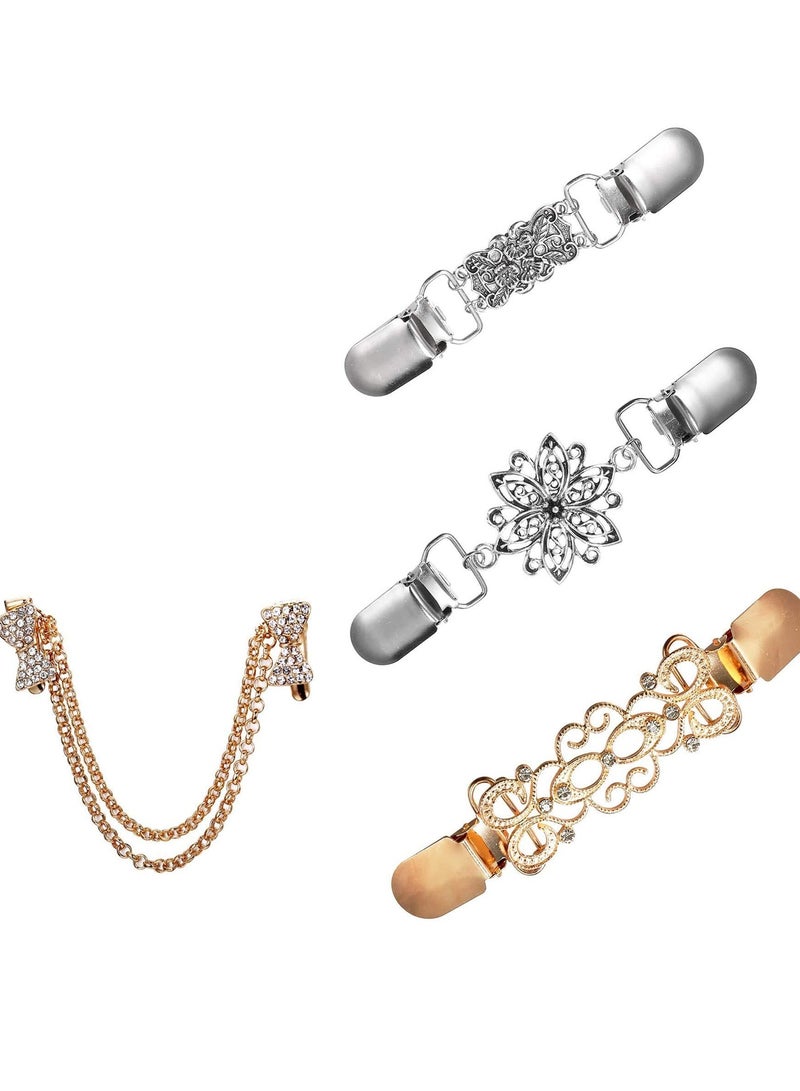 Excefore 4 Pieces Sweater Clips for Women Girls Retro Cardigan Collar Clips Set Hollow Flower Pearl Dresses Sweater Shawl Cardigan Collar Clip - Image 1