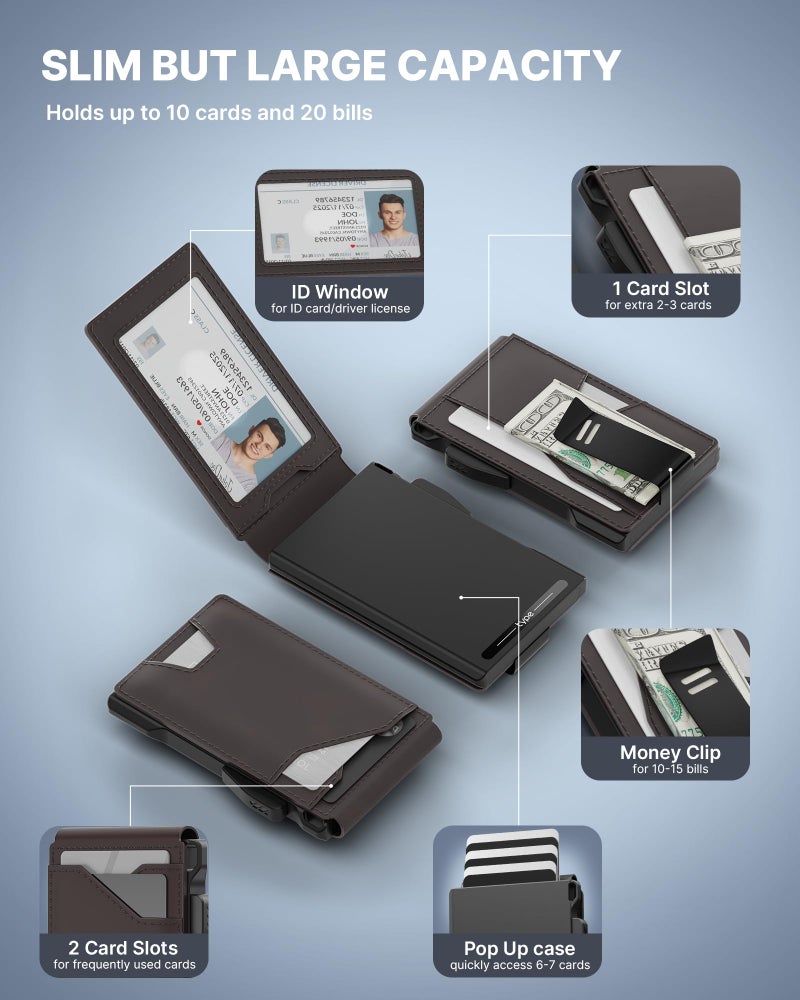 typecase Tactical Wallet for Men Card Holder: Pop Up Card Case, Genuine Leather, Smart, RFID Blocking, Slim, Minimalist, Thin, Front Pocket - 13 Card Capacitiy, ID Window, Money Clip (Dark Brown) - Image 2