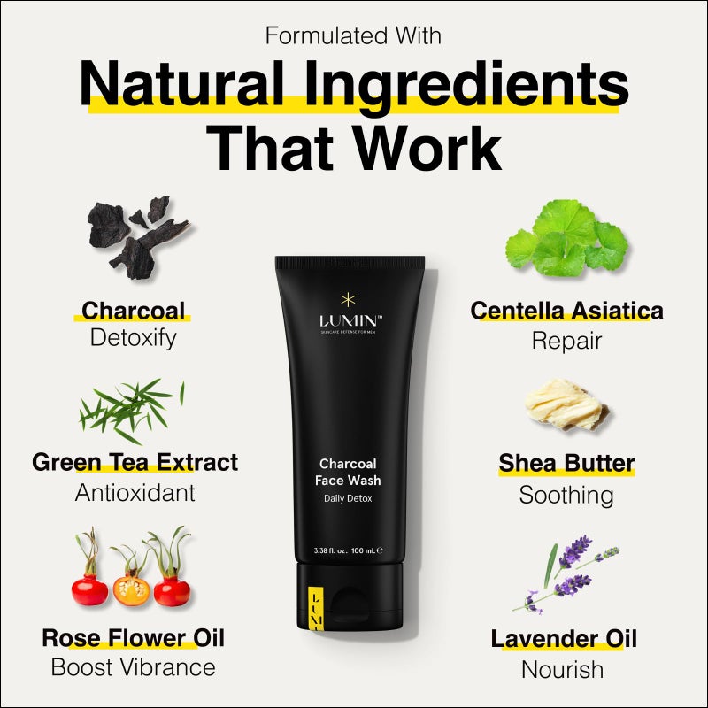 Lumin Charcoal Face Wash for Men â€“ Daily Detox Cleanser, Hydrating Face Wash, Gently Removes Dirt & Oil, Unclogs Pores, Exfoliates, Refreshing Skincare for All Skin Types, 3.4oz - Image 2