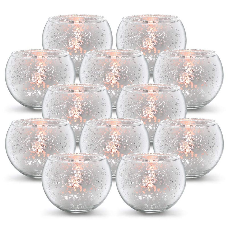 Volens Round Silver Votive Candle Holders Mercury Glass Tealight Candle Holder Set of 12
