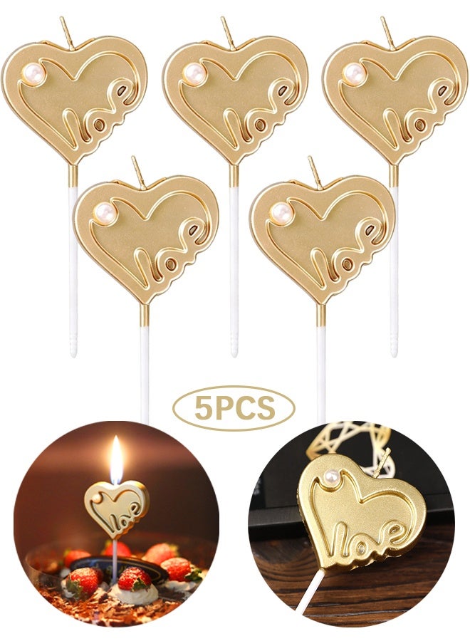 Wffo 5Pcs Romantic Love Heart Candle - Pearl Decorative Candle - Metallic Cake Candles for Cake Topper Candles for Birthday, Anniversary, Wedding, Engagement & Romantic Celebrations | Elegant Party Decoration - Gold - Image 1