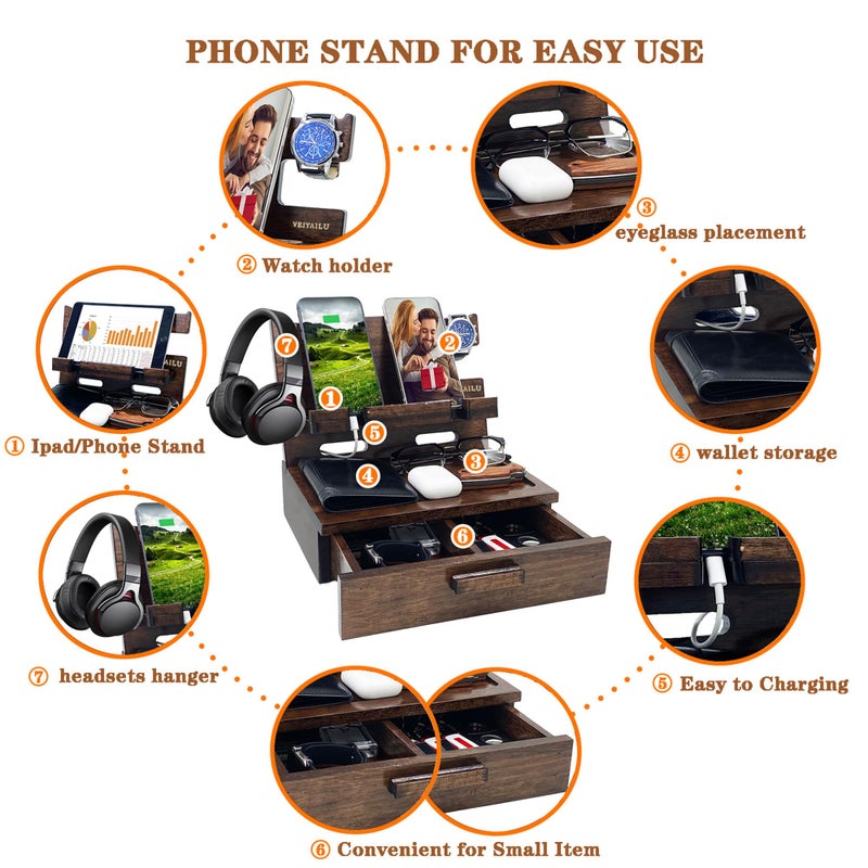 VEIYAILU Gifts for Men Women Husband Son Boyfriend Him Nightstand Organizer Wood Phone Docking Station Birthday Gifts (Walnut) - Image 5