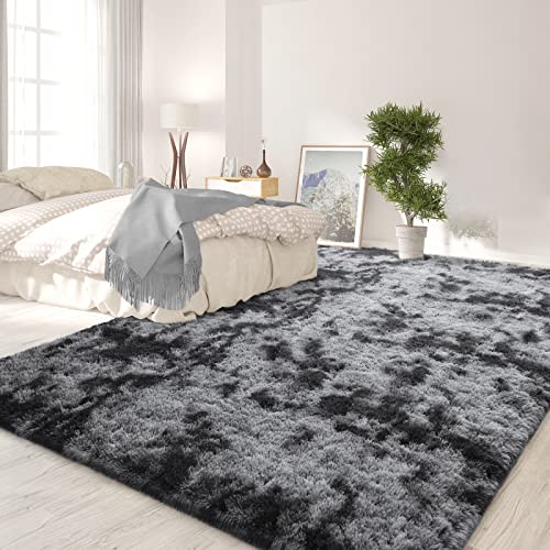 FlyDOIT 6x9 Feet Large Area Rugs for Living Room, Tie-Dyed Dark Grey Shaggy Rug Fluffy Throw Carpets, Ultra Soft Plush Modern Indoor Fuzzy Rugs for Bedroom Girls Kids Nursery Room Dorm Home Decor - Image 3