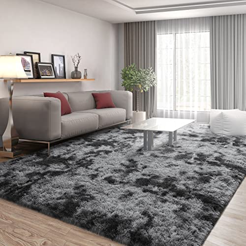 FlyDOIT 6x9 Feet Large Area Rugs for Living Room, Tie-Dyed Dark Grey Shaggy Rug Fluffy Throw Carpets, Ultra Soft Plush Modern Indoor Fuzzy Rugs for Bedroom Girls Kids Nursery Room Dorm Home Decor - Image 2