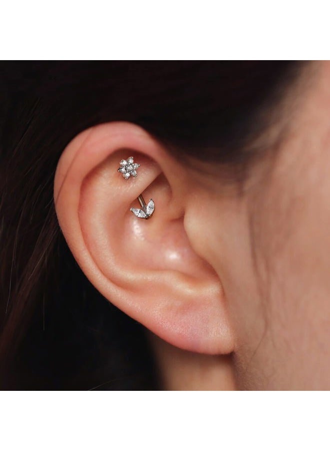 COCHARM Cute Flower Rook Earrings for Women Silver 16g Jewelry 16 Gauge Stainless Steel 8mm Piercing Dainty, 1.2mm x 8mm, Stainless Steel, cubic-zirconia - Image 3