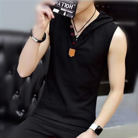 Summer Hooded Sleeveless Vest Waistcoat Korean Style Slim Fit Fitness Sports Casual Mens Short-sleeved T-shirt T-shirt V-neck Trendy Black Hooded 99181