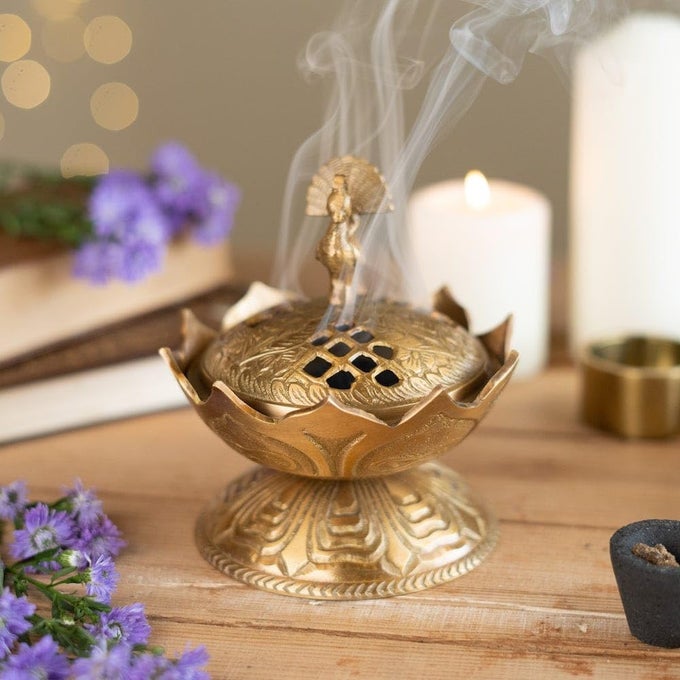 LOTUS BRASS LOBAN BURNER GOLD DHOOP HOLDER AND CANDLE LIGHT INCENSE BURNER DHOOP DANI POOJA ITEMS ANTIQUE LANTERN DHOOP BATTI STAND SAMBRANI HOLDER POOJA ROOM DECOR